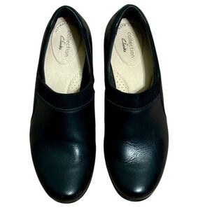 Clarks Collection Ultimate Comfort Sz-7.5 Black Leather Slip On Block Heel Shoes